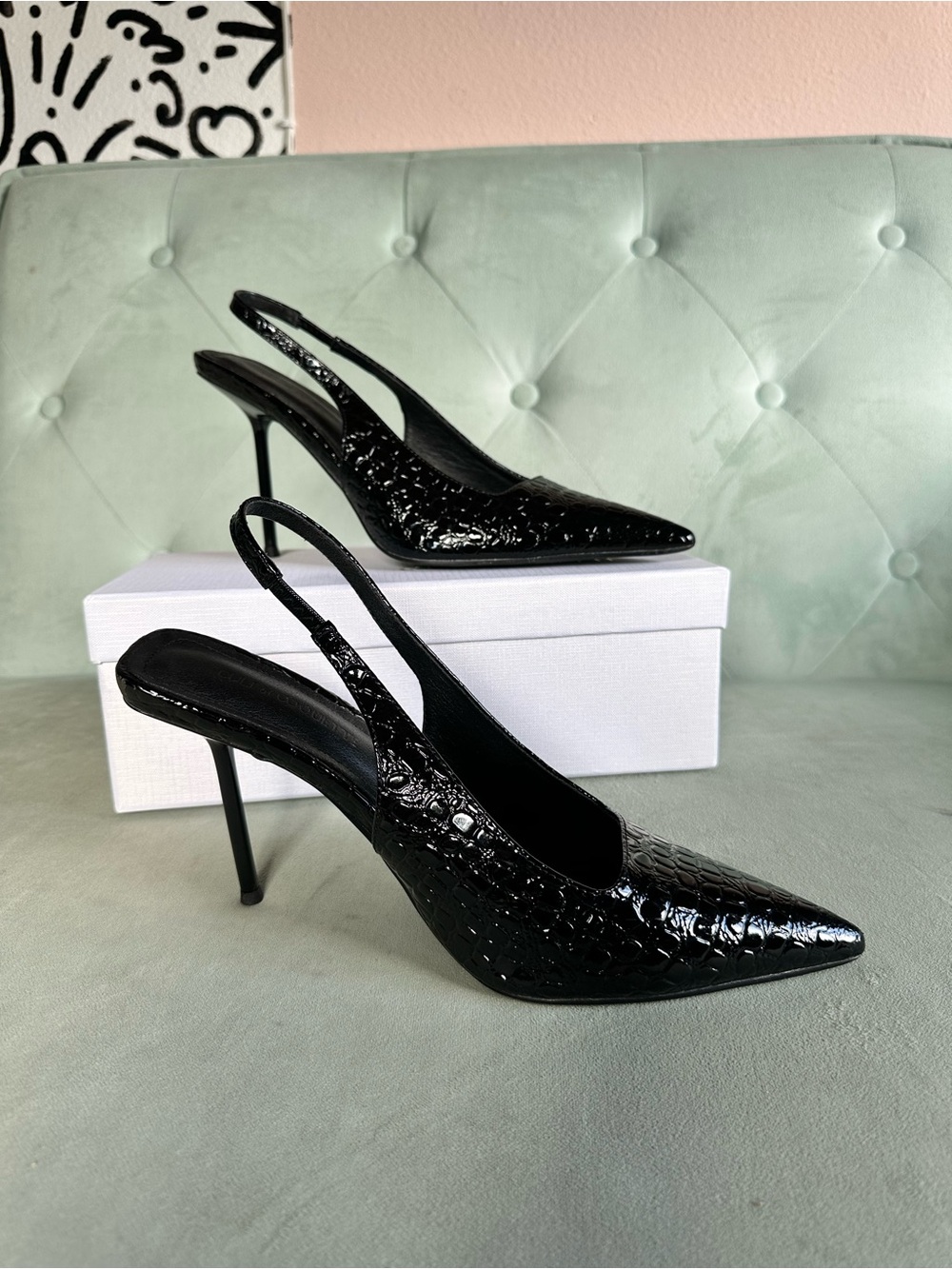 Black Patent Croc Slingback Stiletto Heels - Women's Elegant Pump